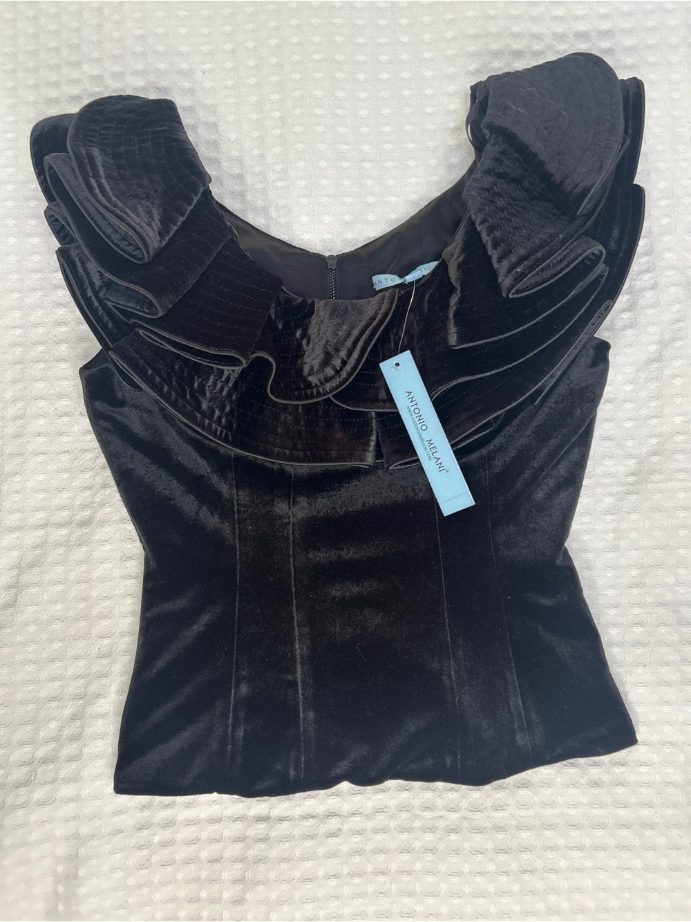 ANTONIO MELANI Black Velvet Ruffle-Neck Sleeveless Top